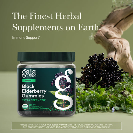 Close-up of Gaia Herbs elderberry gummies showing real fruit sweetness.