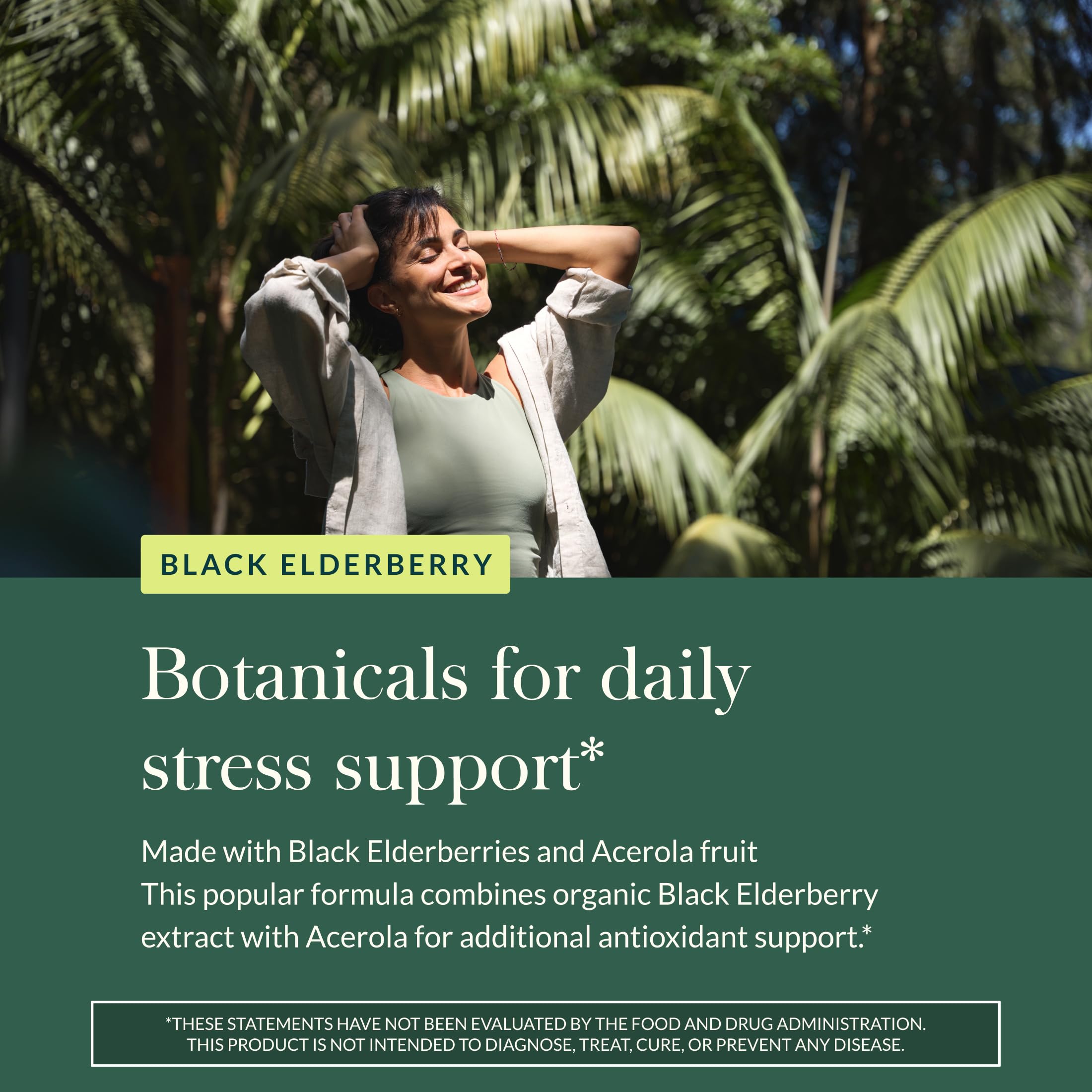 Gaia Herbs Elderberry packaging presentation emphasizes sustainable sourcing and quality