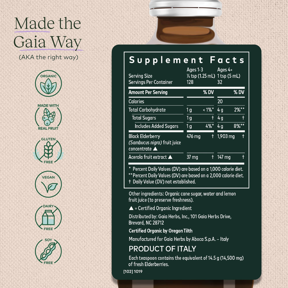 Pouring Gaia Herbs elderberry syrup for quick daily immune support
