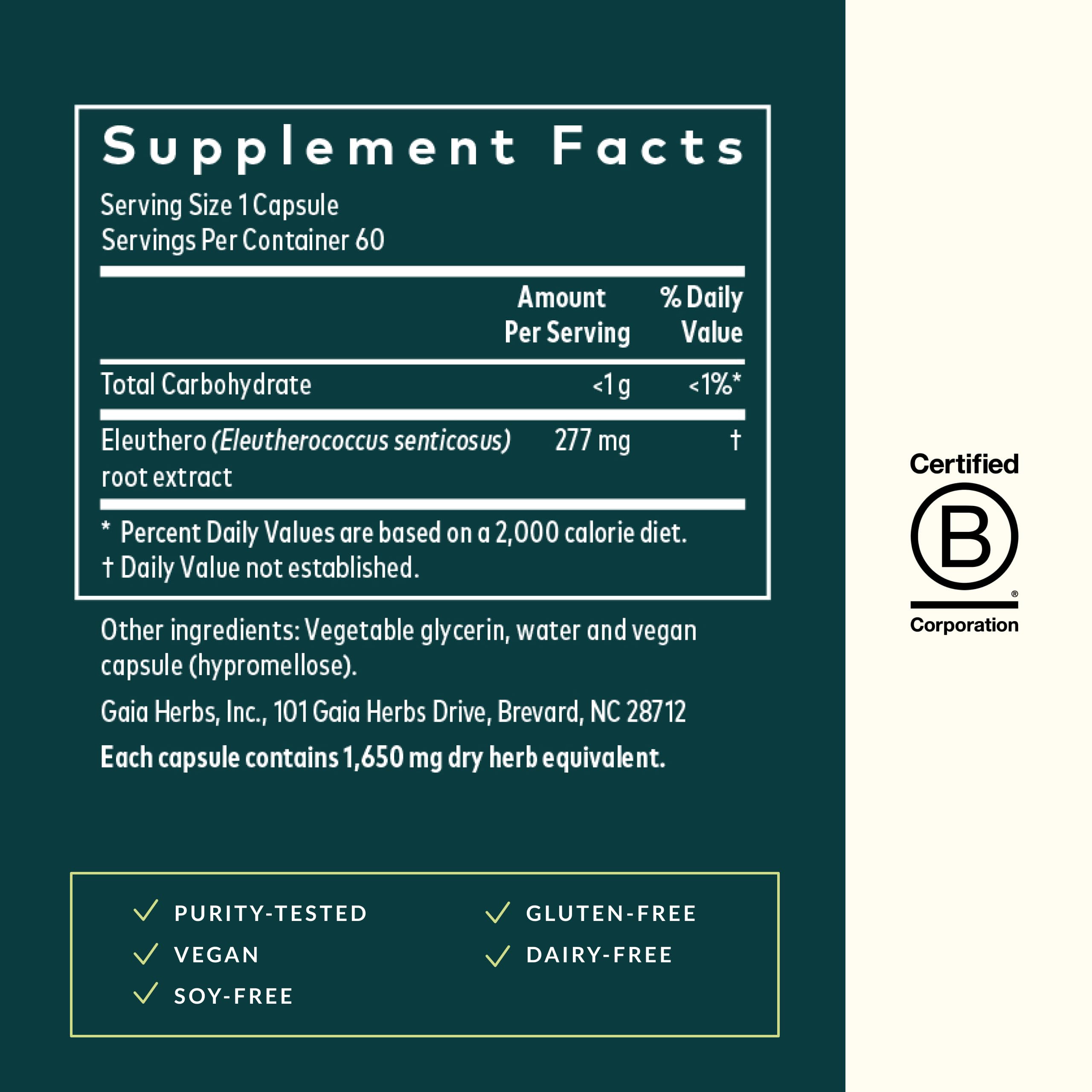 Gaia Herbs Eleuthero Root label detail highlights quality.