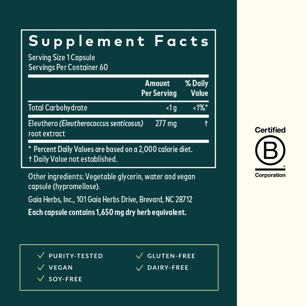 Gaia Herbs Eleuthero Root label detail highlights quality.