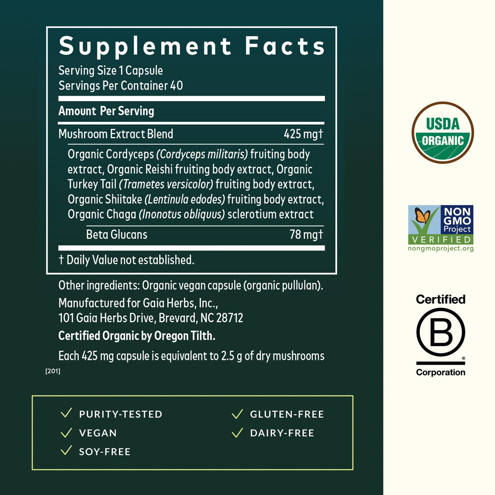 Gaia Herbs Everyday Mushrooms blend featuring Reishi Cordyceps Turkey Tail Shiitake Chaga