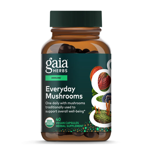 Gaia Herbs Everyday Mushrooms bottle front for daily immune support