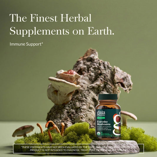 Gaia Herbs Everyday Mushrooms capsules close up highlight vegan wellness