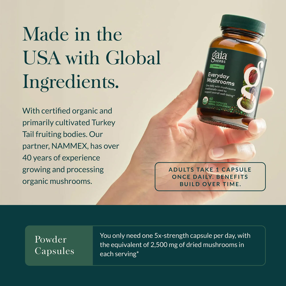 Gaia Herbs Everyday Mushrooms label detail shows gluten-free, dairy-free and soy-free attributes