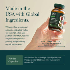 Gaia Herbs Everyday Mushrooms label detail shows gluten-free, dairy-free and soy-free attributes