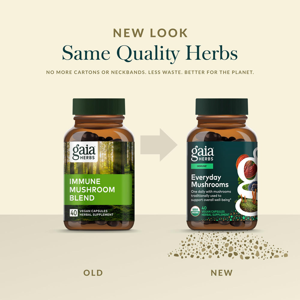 Gaia Herbs Everyday Mushrooms packaging displays vegan certification icons