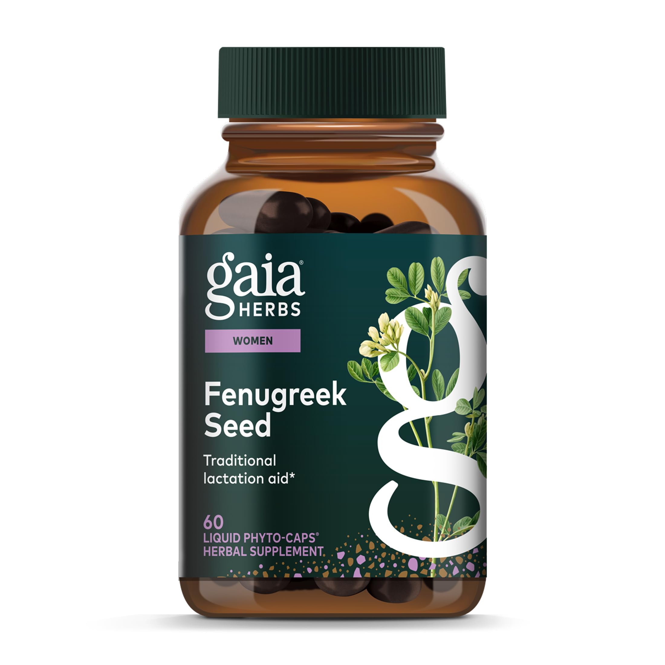 Gaia Herbs Fenugreek Seed bottle supports lactation with vegan capsules and herbal goodness.