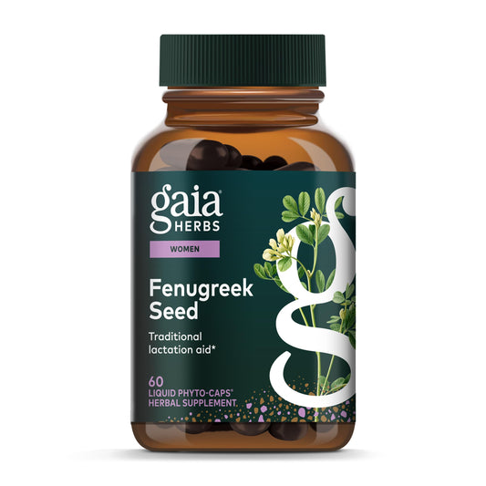 Gaia Herbs Fenugreek Seed bottle supports lactation with vegan capsules and herbal goodness.