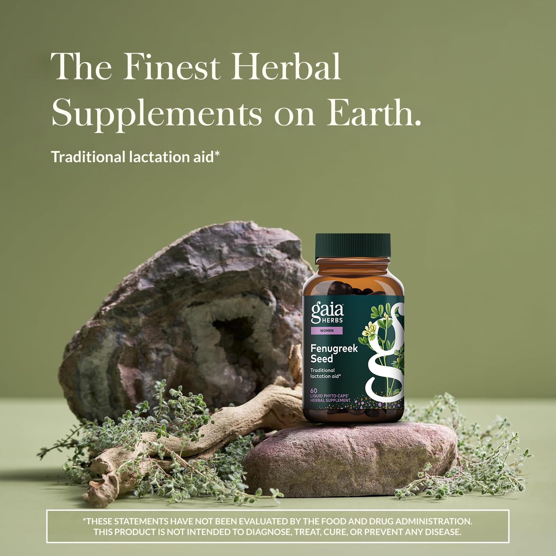 Gaia Herbs Fenugreek Seed capsules close-up highlighting plant-based formula for breastfeeding support.