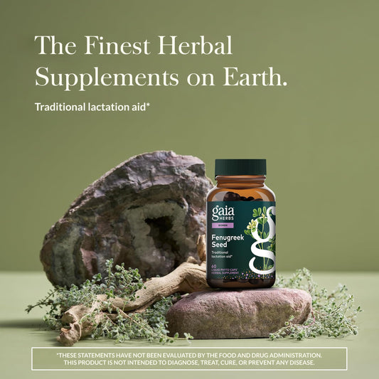 Gaia Herbs Fenugreek Seed capsules close-up highlighting plant-based formula for breastfeeding support.