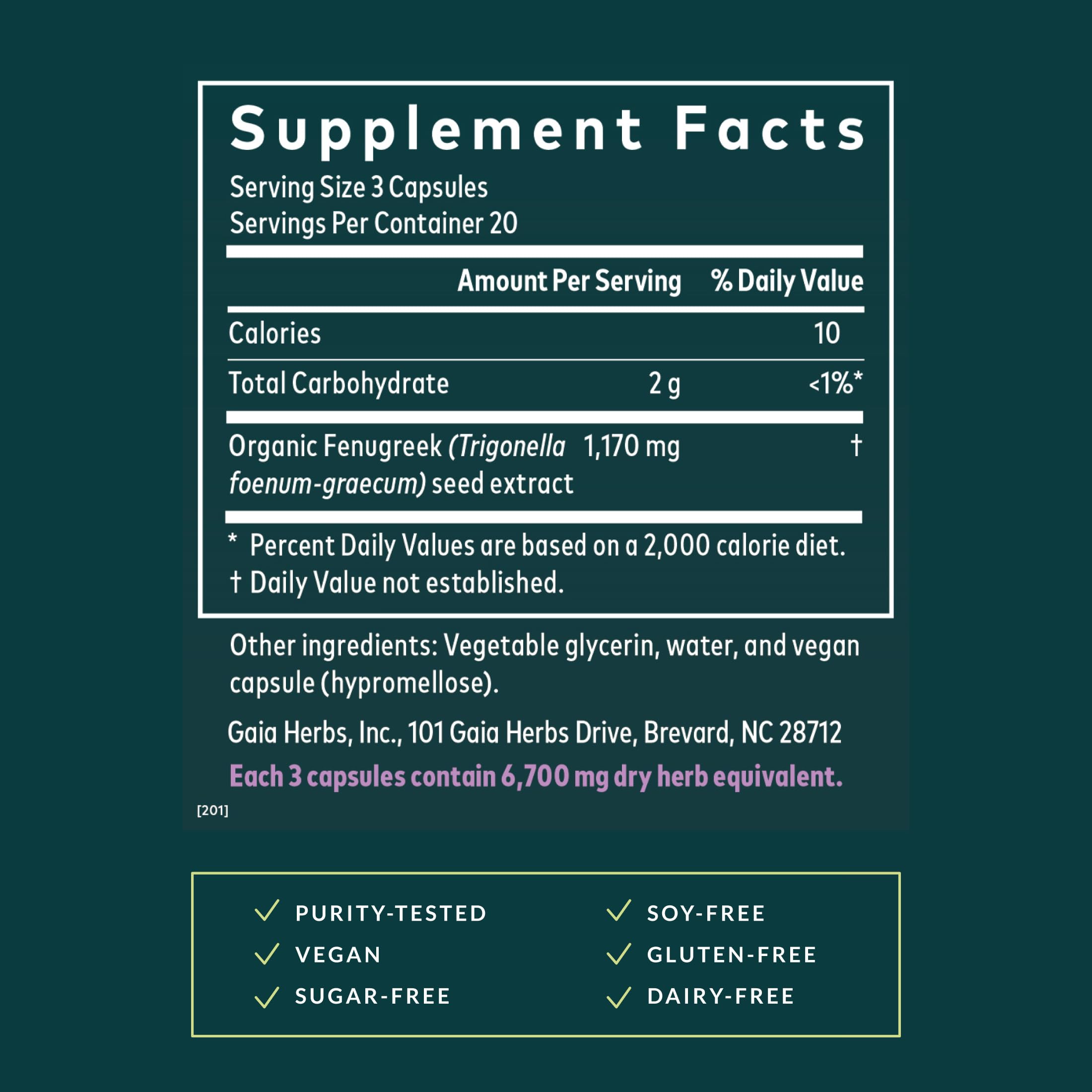 Gaia Herbs Fenugreek Seed label detail showing quality sourcing and purity commitment.