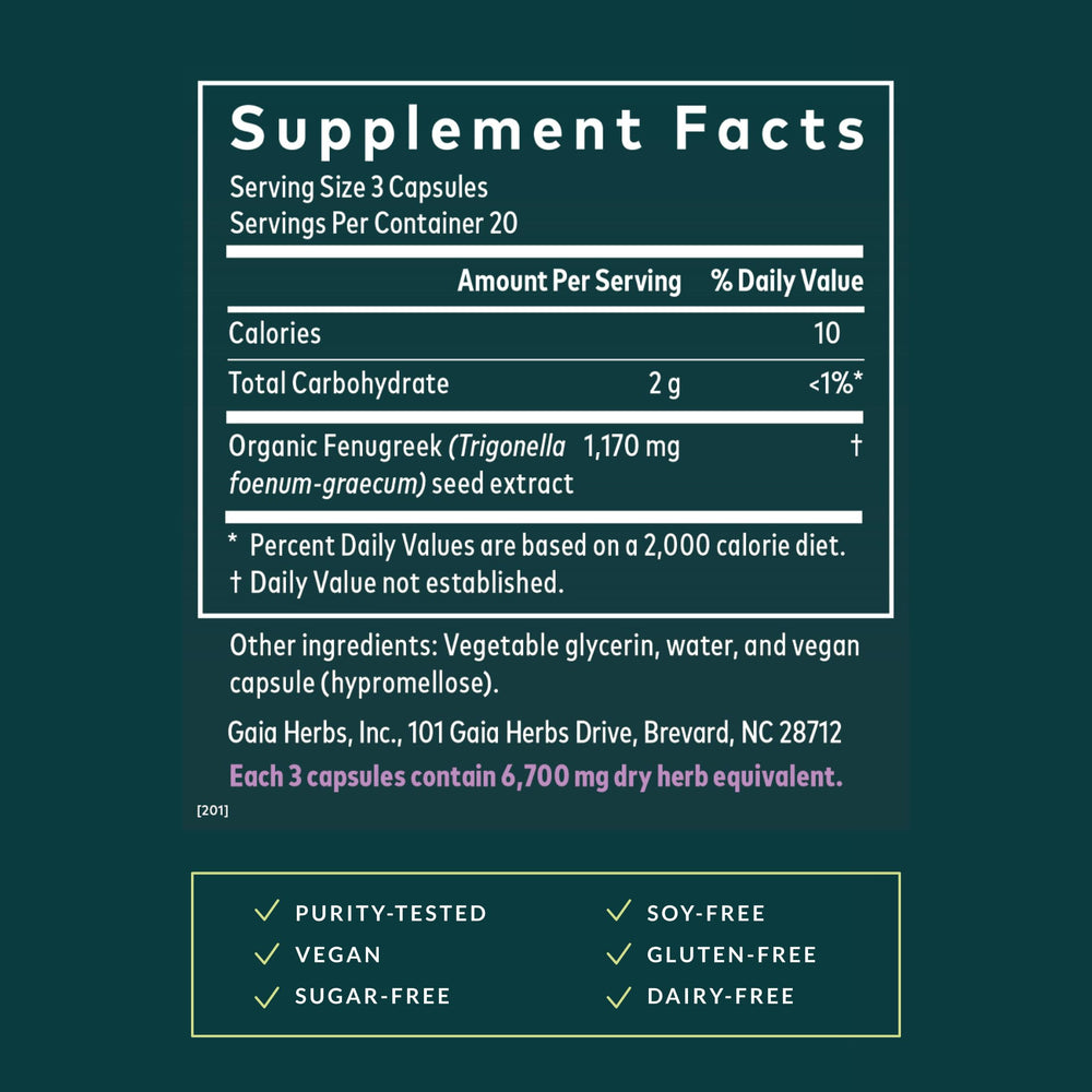 Gaia Herbs Fenugreek Seed label detail showing quality sourcing and purity commitment.