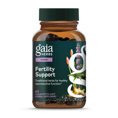 Gaia Herbs Fertility Support bottle label shows Vitex-based formula for hormonal balance.