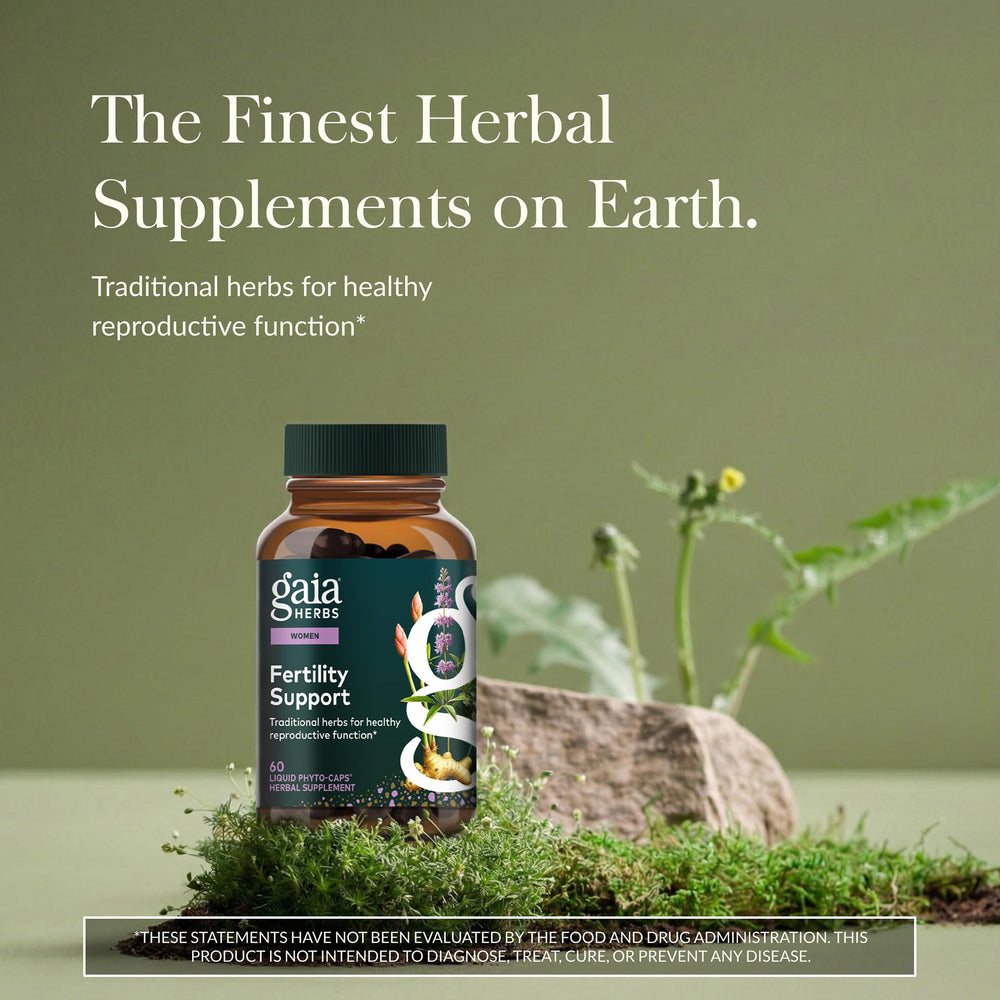 Gaia Herbs Fertility Support capsules closeup highlighting vegan phyto-cap delivery.