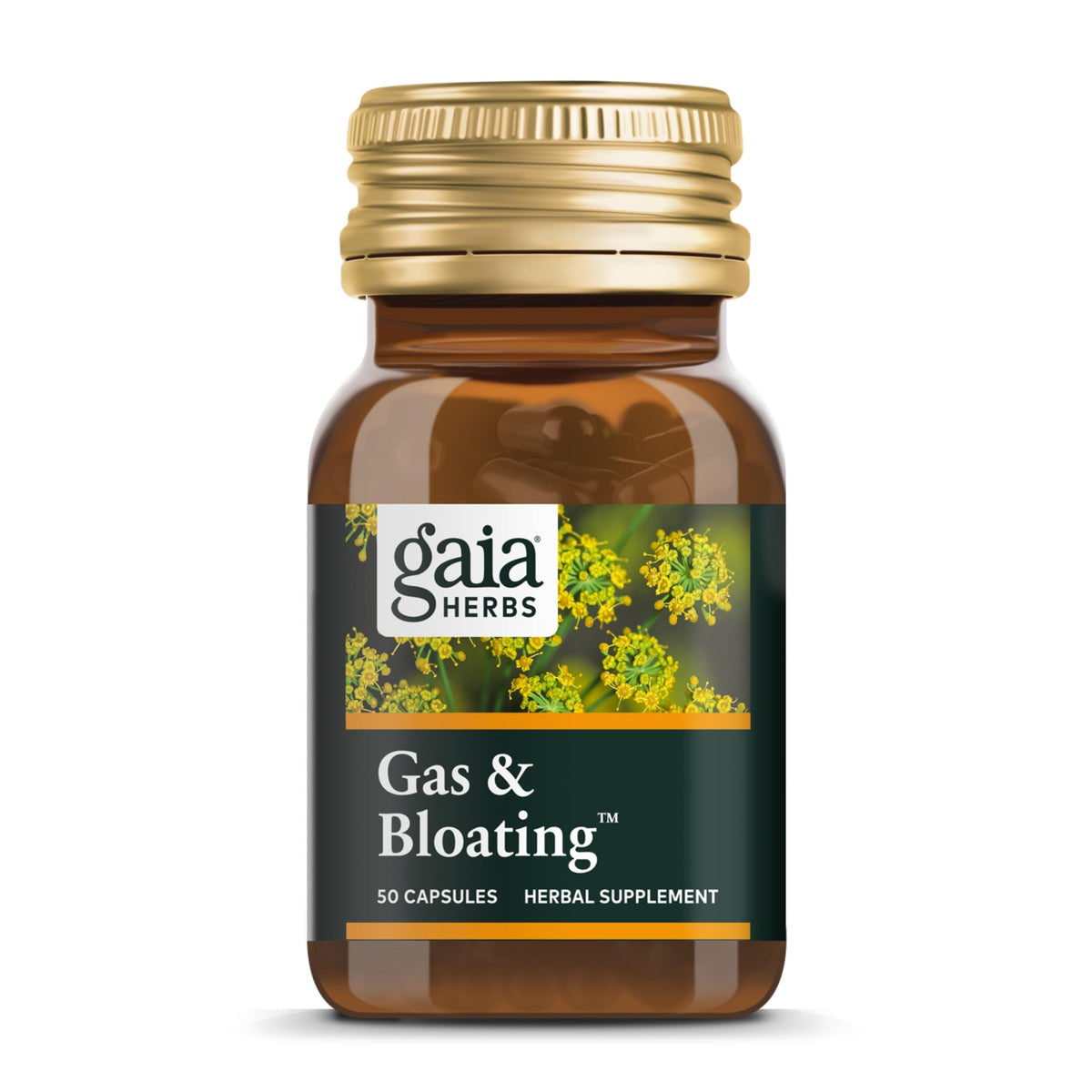 Gaia Herbs Gas & Bloating bottle label highlights herbal relief potential.
