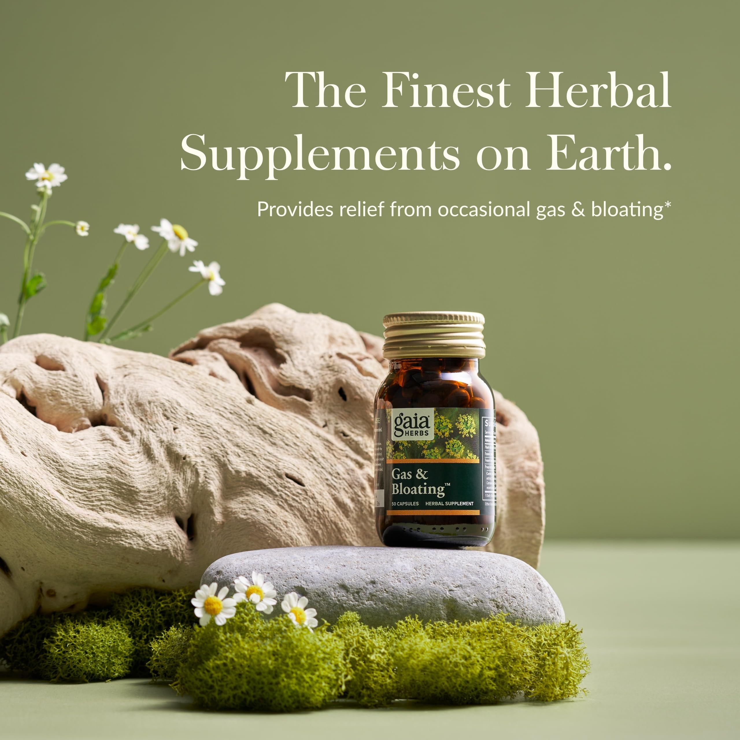 Gaia Herbs Gas & Bloating capsules inside suggest convenient daily support.
