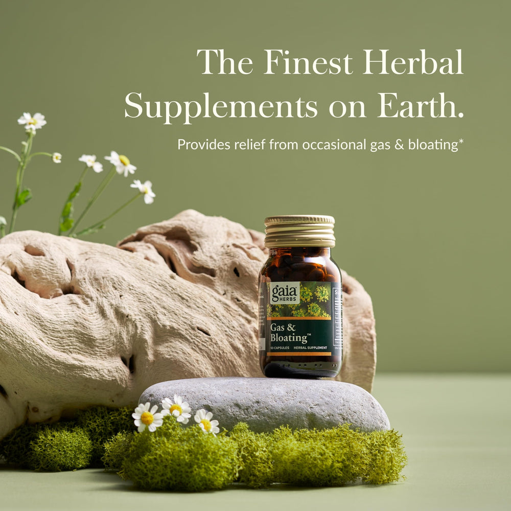 Gaia Herbs Gas & Bloating capsules inside suggest convenient daily support.