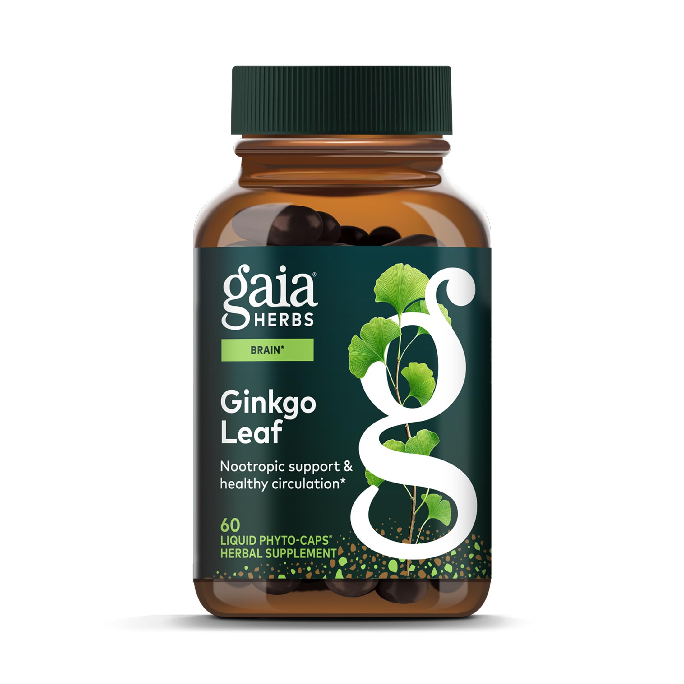 Gaia Herbs Ginkgo Leaf bottle promotes daily brain health support.