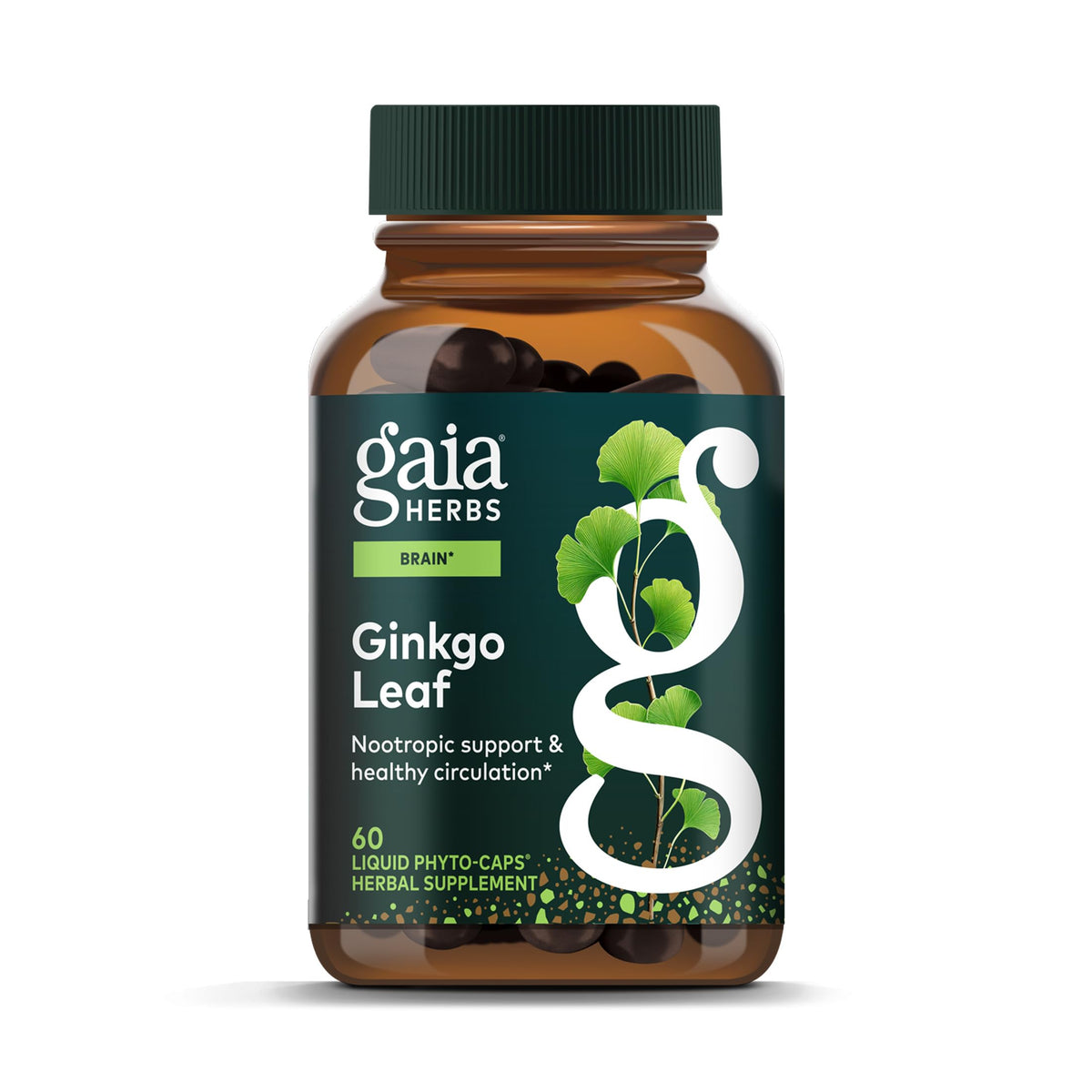Gaia Herbs Ginkgo Leaf bottle promotes daily brain health support.