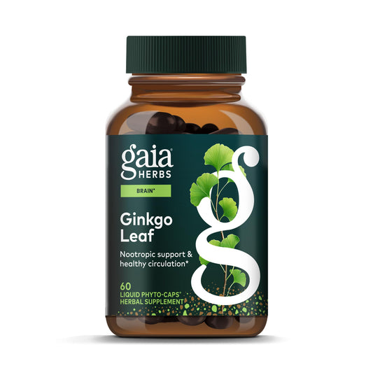 Gaia Herbs Ginkgo Leaf bottle promotes daily brain health support.