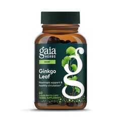 Gaia Herbs Ginkgo Leaf bottle promotes daily brain health support.