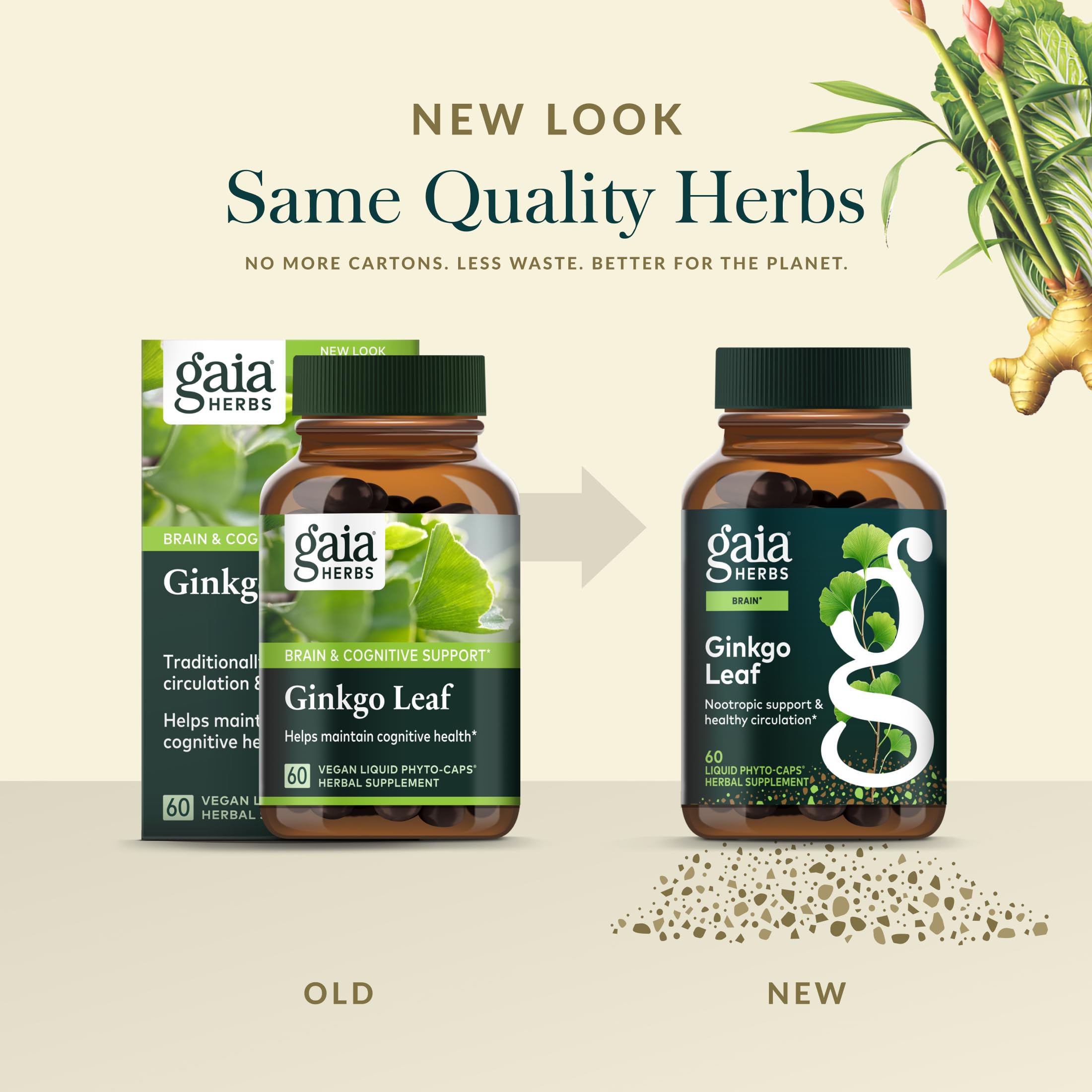 Gaia Herbs Ginkgo Leaf ISO-tested lab badge reinforces product purity.