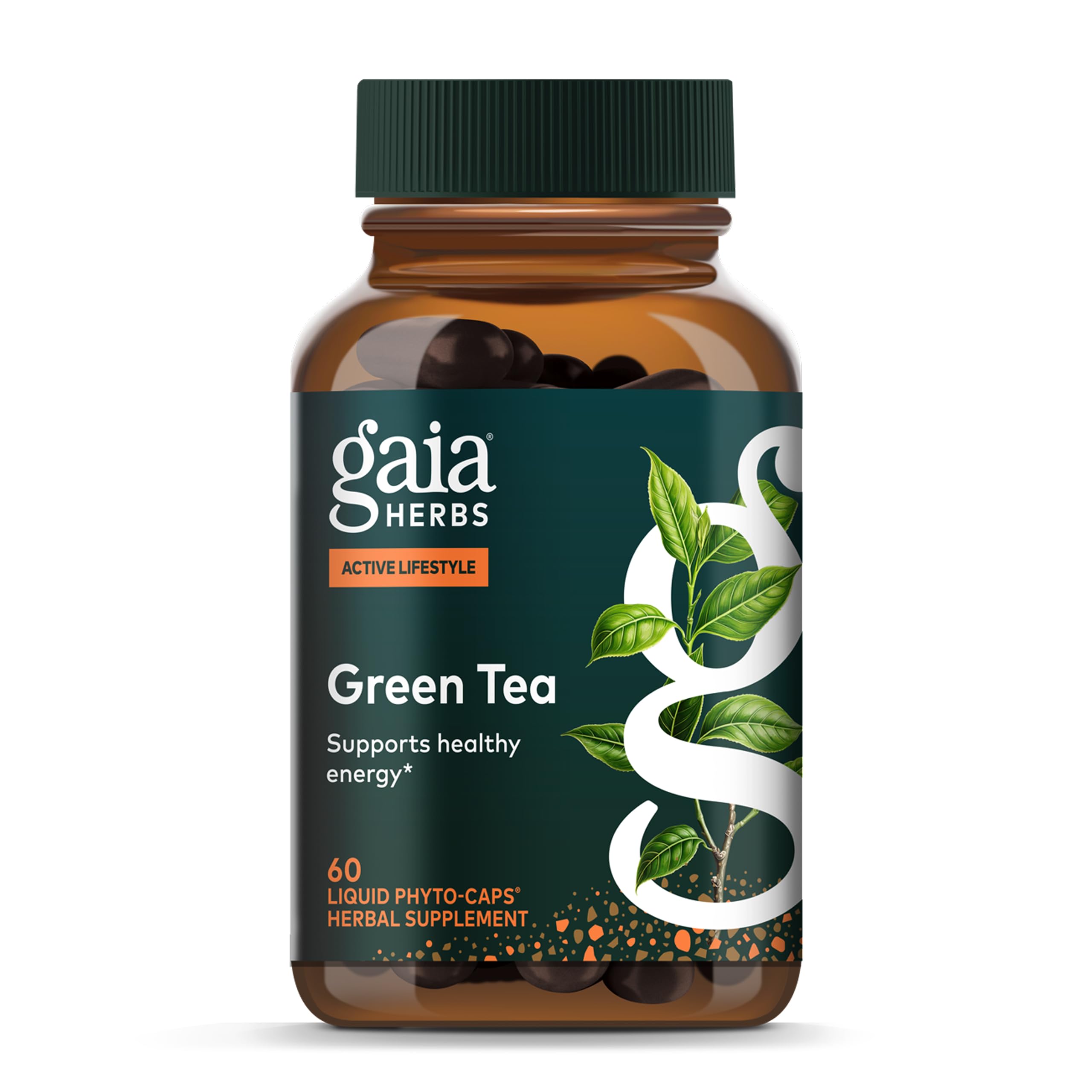 Gaia Herbs Green Tea bottle-front view highlighting energy support