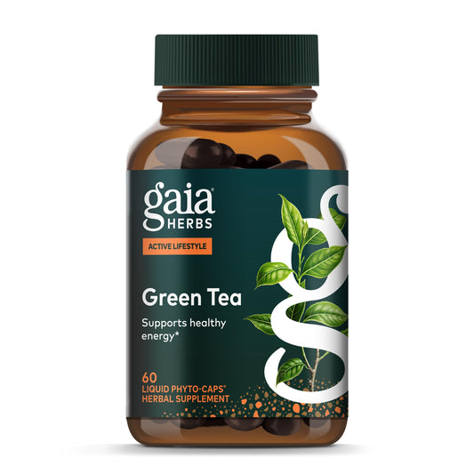 Gaia Herbs Green Tea bottle-front view highlighting energy support
