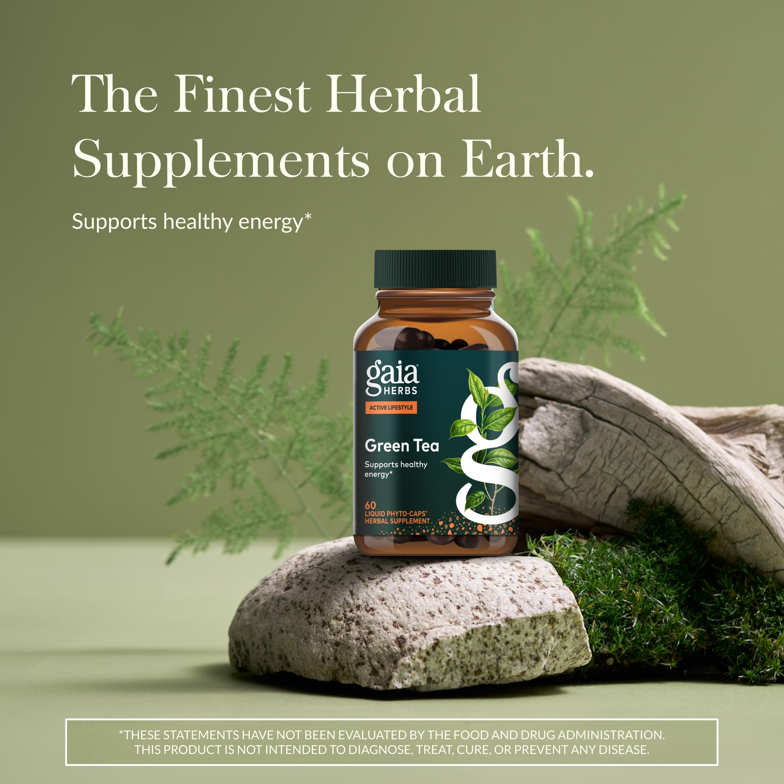 Gaia Herbs Green Tea capsules close-up emphasizing vegan phyto-caps