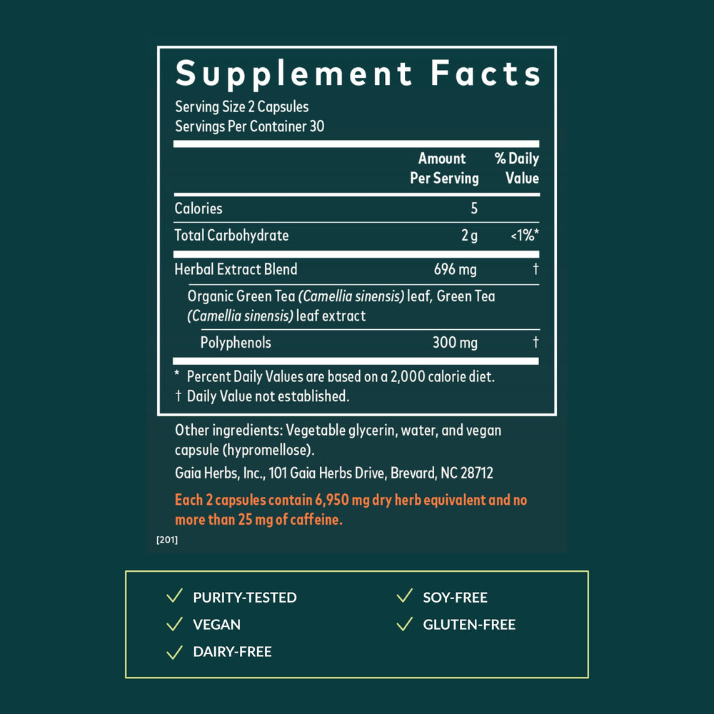 Gaia Herbs Green Tea label detail showcasing standardized polyphenol potency