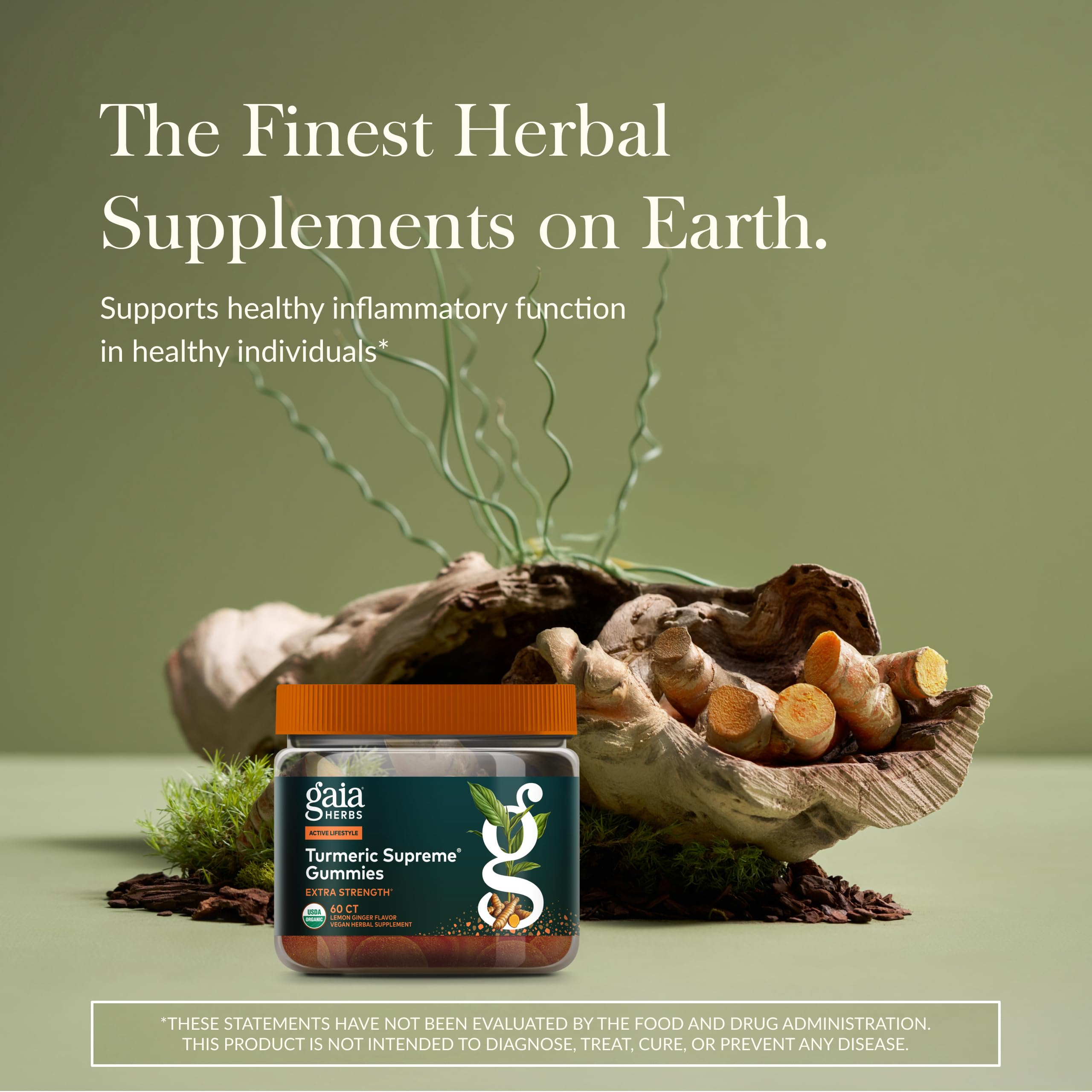 Gaia Herbs open bottle with lemon and ginger highlighting fresh flavor benefit