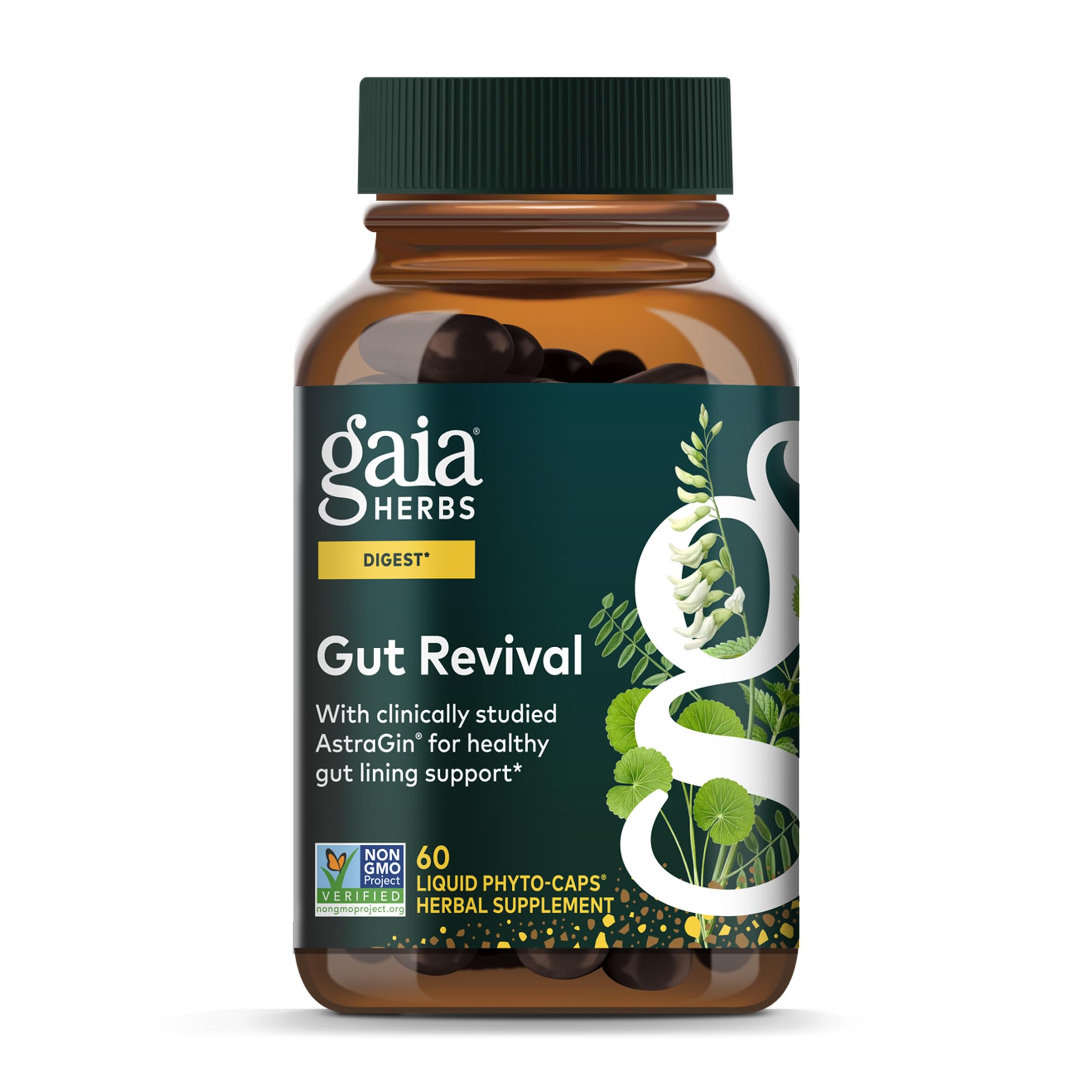 Gaia Herbs Gut Revival bottle with vegan liquid capsules for digestive support.