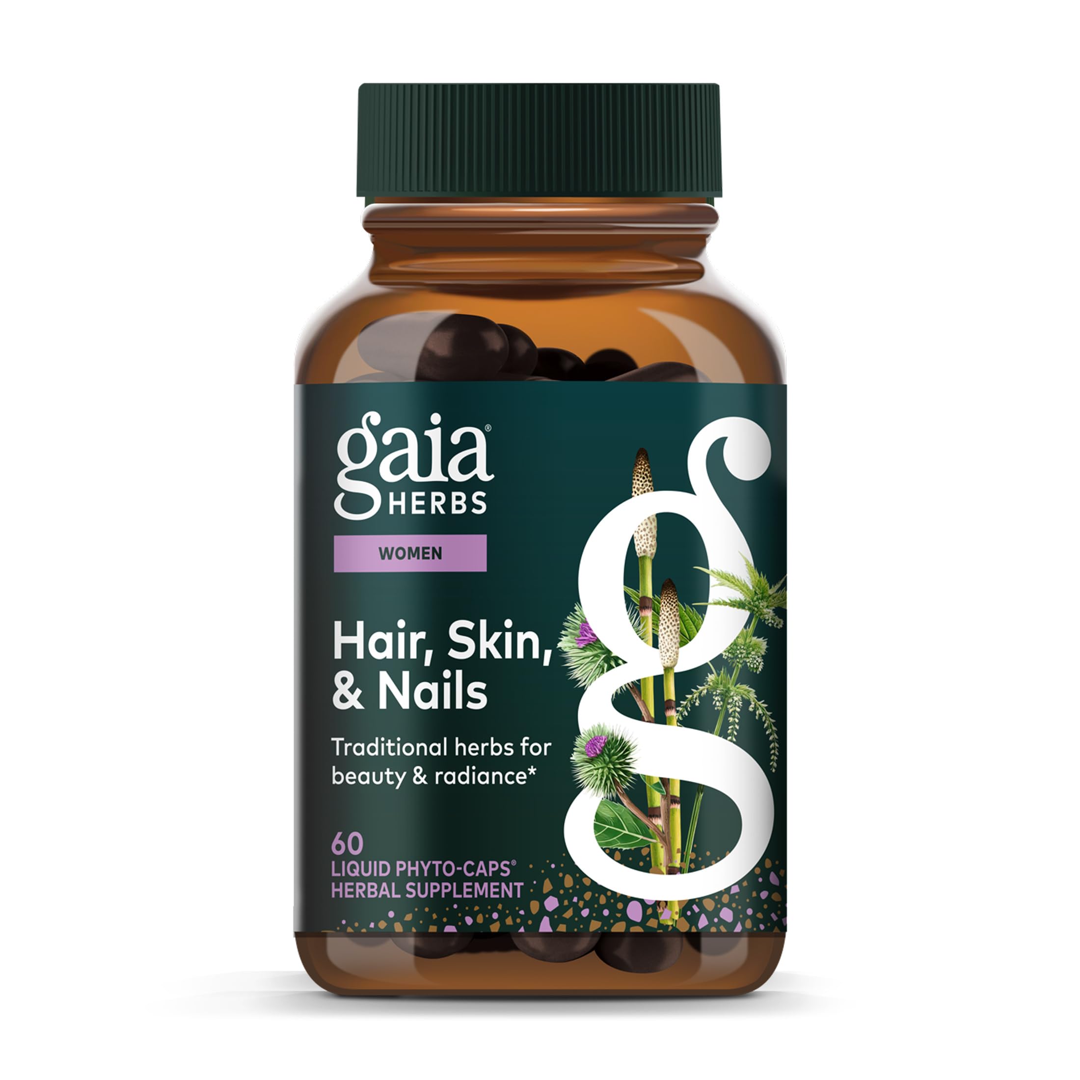 Gaia Herbs Hair, Skin & Nail Support bottle and capsules for daily beauty maintenance