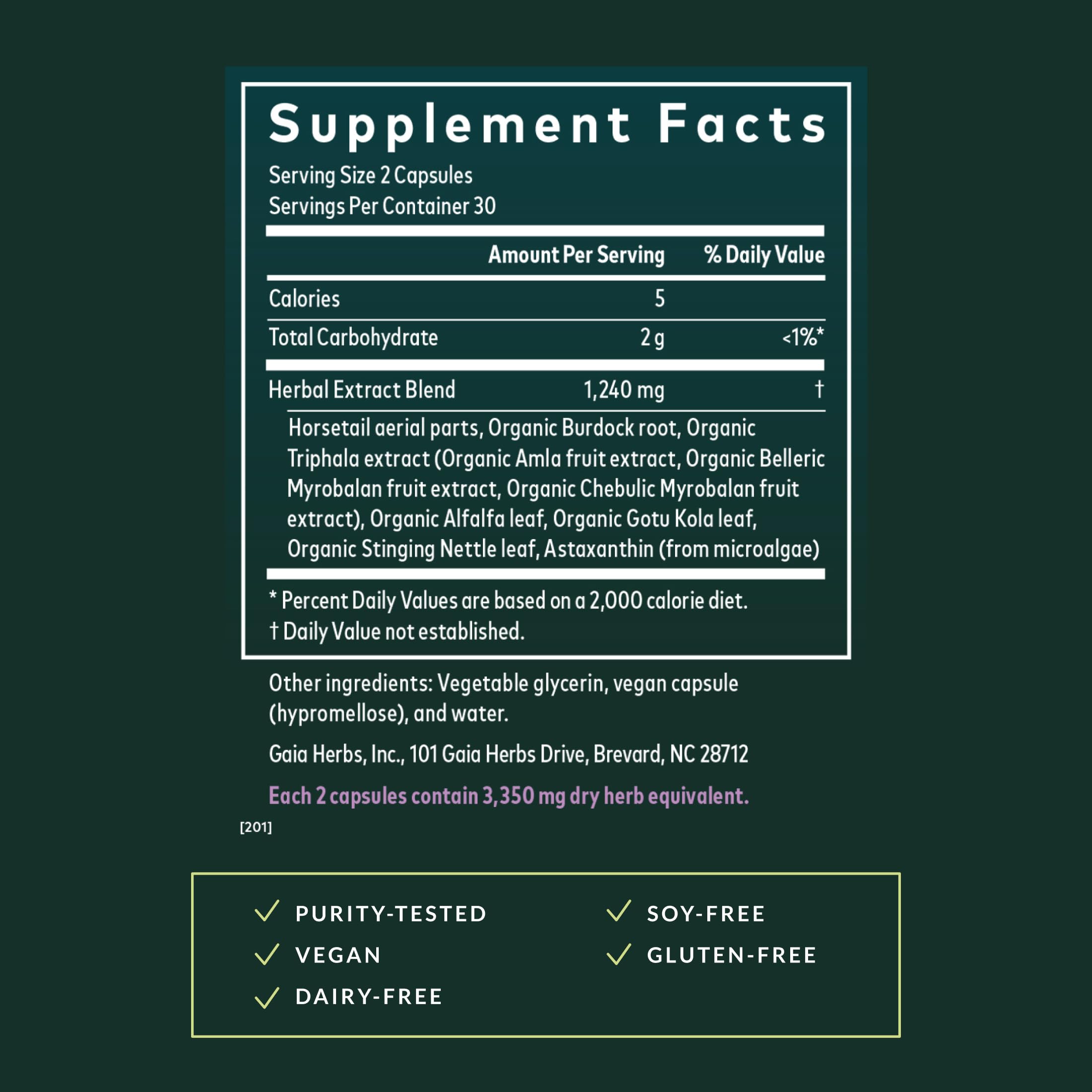 Gaia Herbs Hair, Skin & Nail Support bottle label showing gluten-free, dairy-free, soy-free formulation