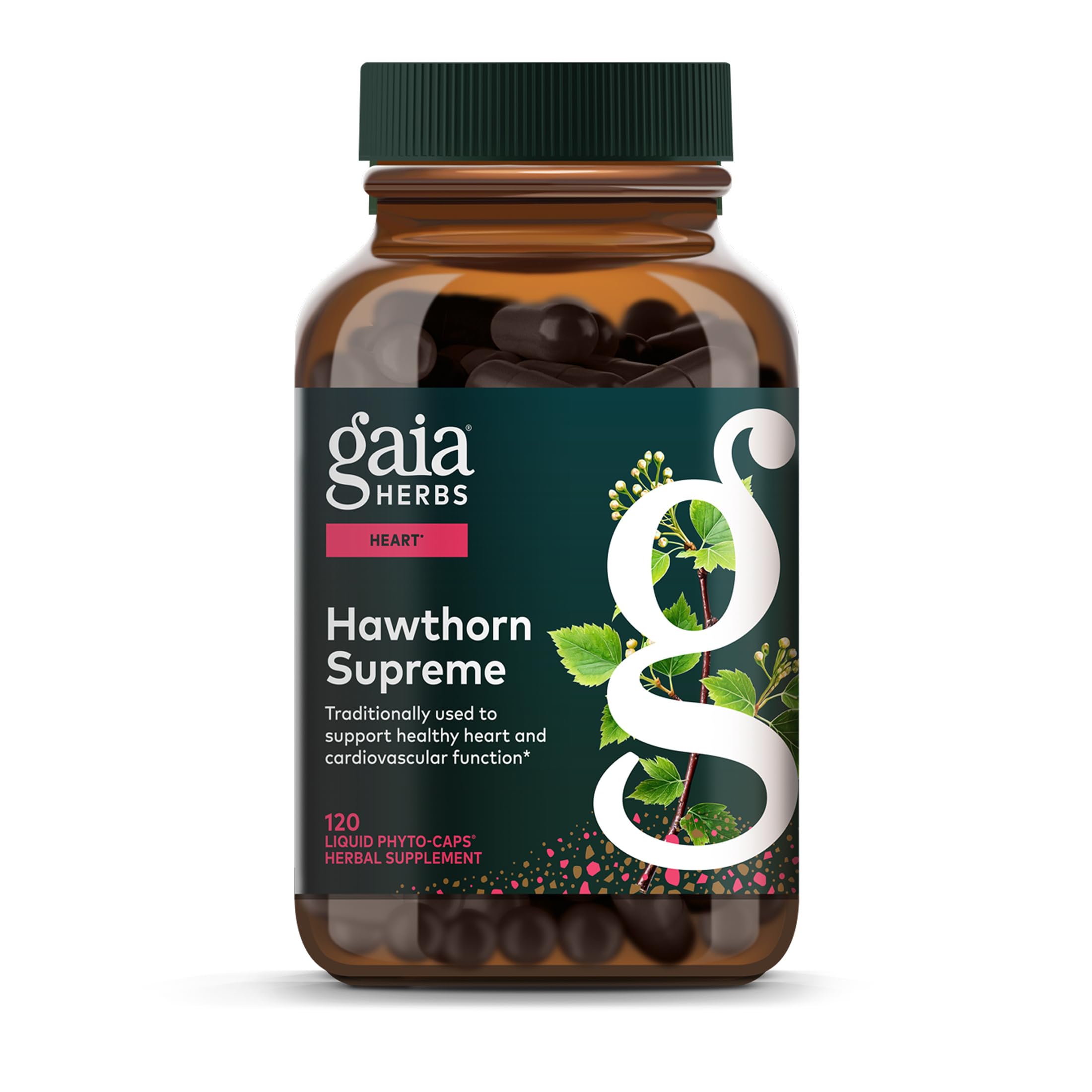 Gaia Herbs Hawthorn Supreme bottle front with vegan phyto-caps for daily heart support.
