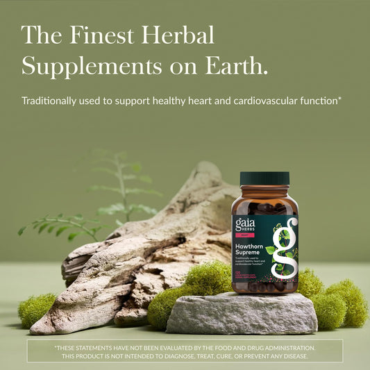 Gaia Herbs Hawthorn Supreme bottle pour highlighting simple daily dosing.