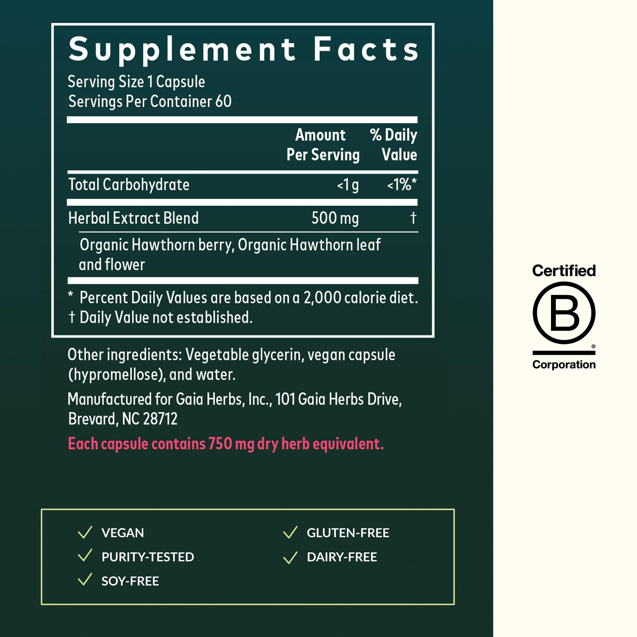 Gaia Herbs Hawthorn Supreme label closeup highlighting regenerative organic sourcing