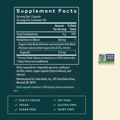 Gaia Herbs Holy Basil bottle and label highlighting Ayurvedic wellness support.