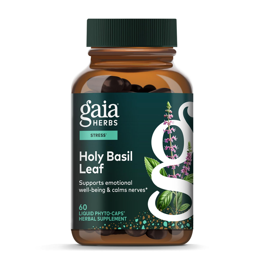 Gaia Herbs Holy Basil bottle with vegan capsules for daily balance