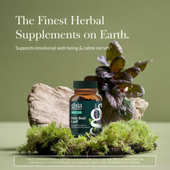Close-up of Gaia Herbs Holy Basil vegan phyto-caps on the bottle