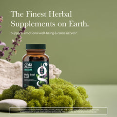 Gaia Herbs Holy Basil Capsules close-up showing convenient vegan capsules for daily adaptogenic routine.