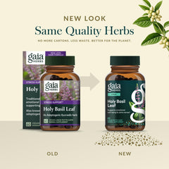 Pour shot of Gaia Herbs Holy Basil bottle into a glass