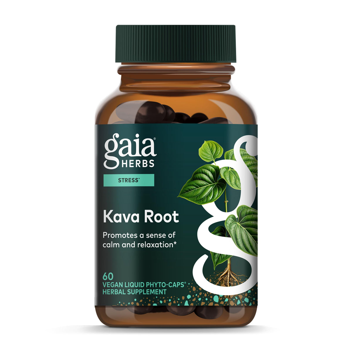 Gaia Herbs Kava Root bottle pouring to showcase calming ritual and relaxation