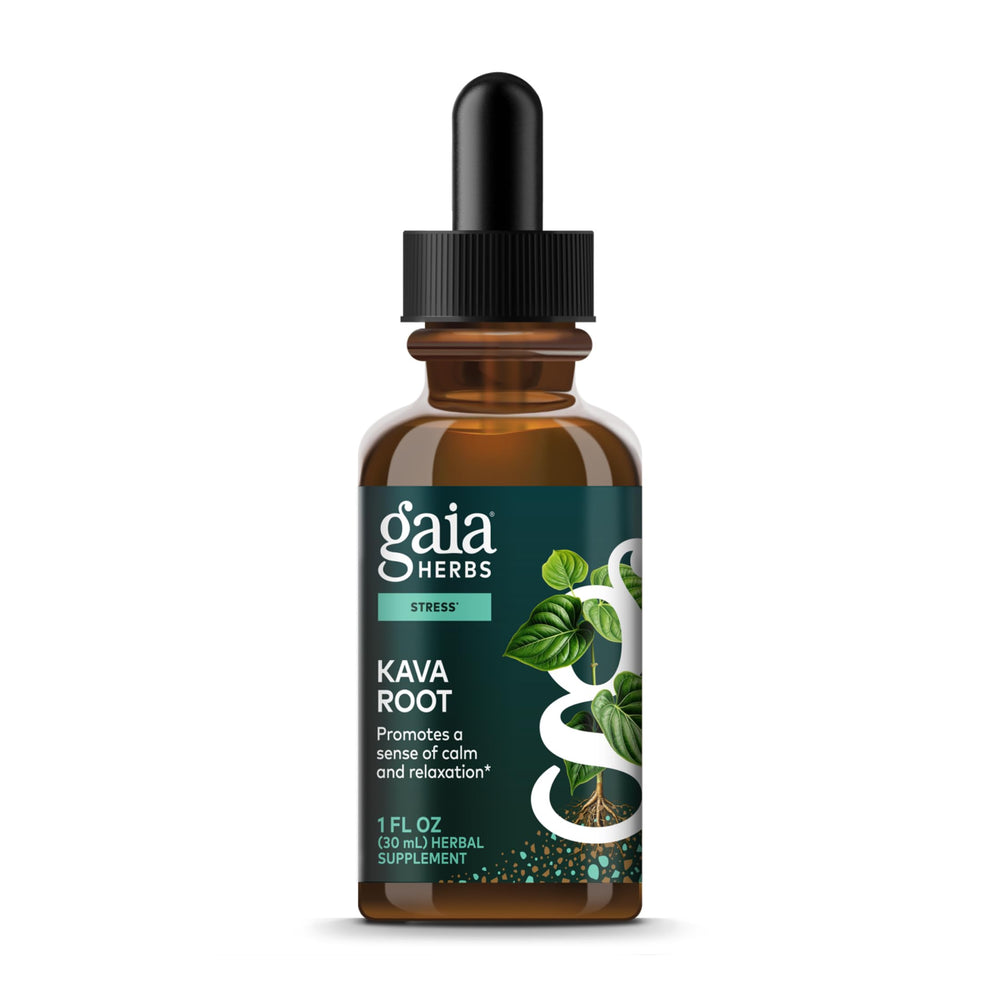 Gaia Herbs Kava Root bottle promoting daily calm and relaxed focus.