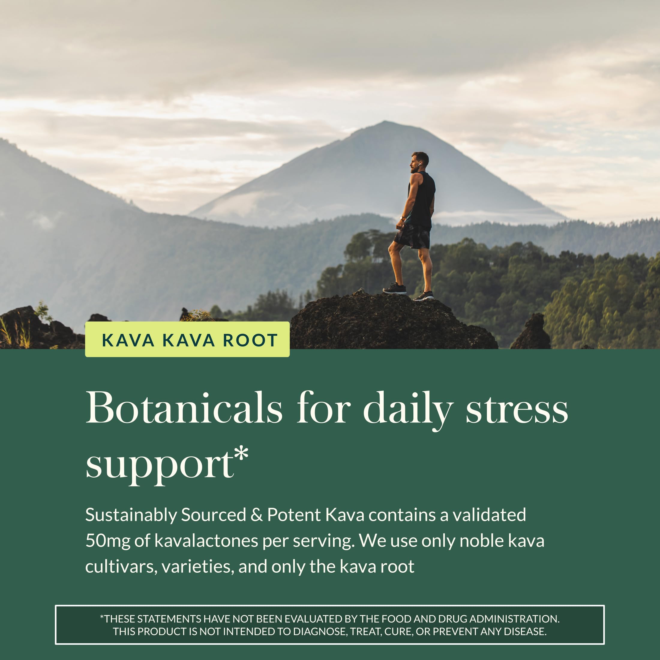 Gaia Herbs Kava Root glass bottle in a calm, serene setting.