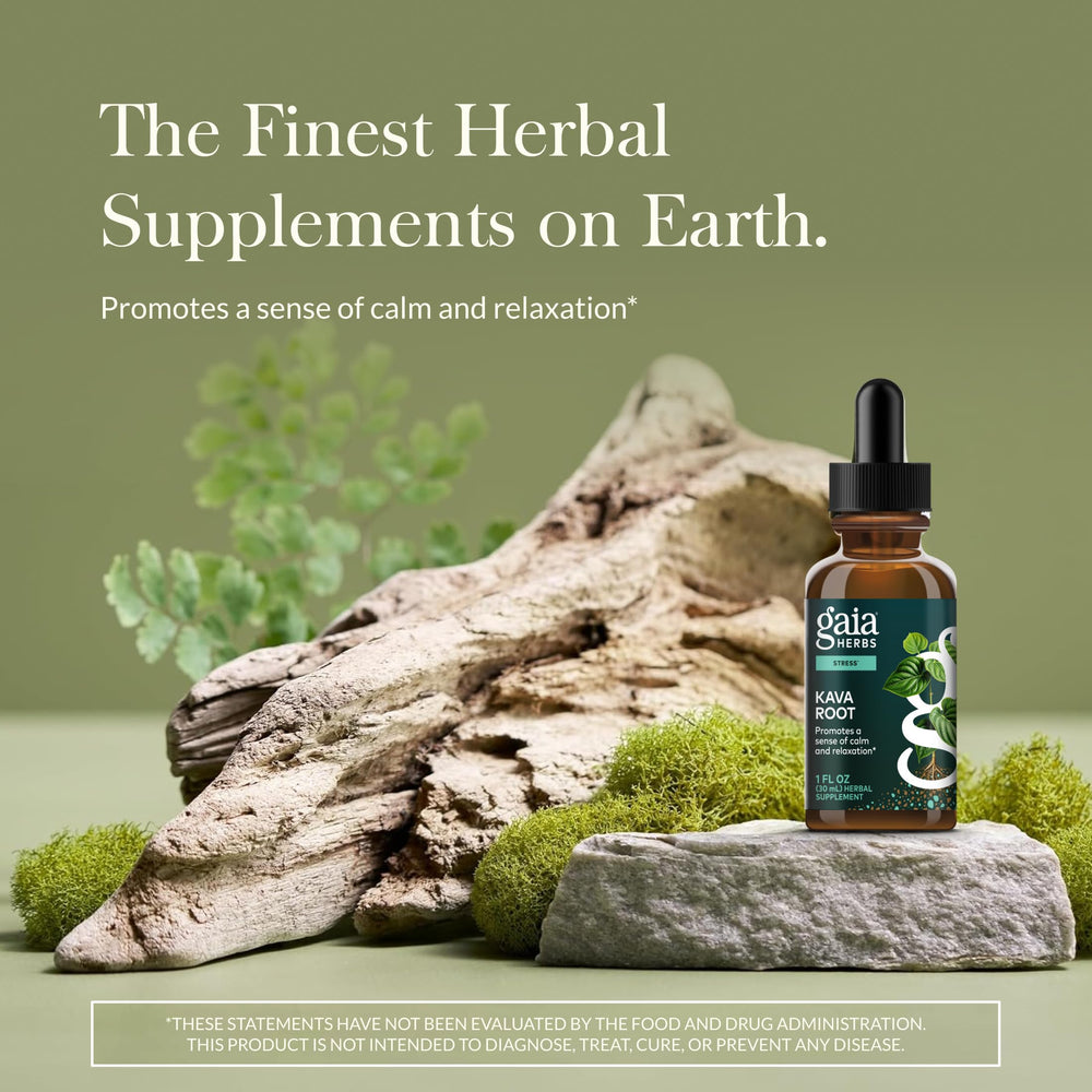 Gaia Herbs Kava Root label highlighting noble kava cultivars and kavalactone potency.