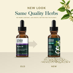 Gaia Herbs Kava Root packaging emphasizes sustainably sourced Noble Kava cultivars.