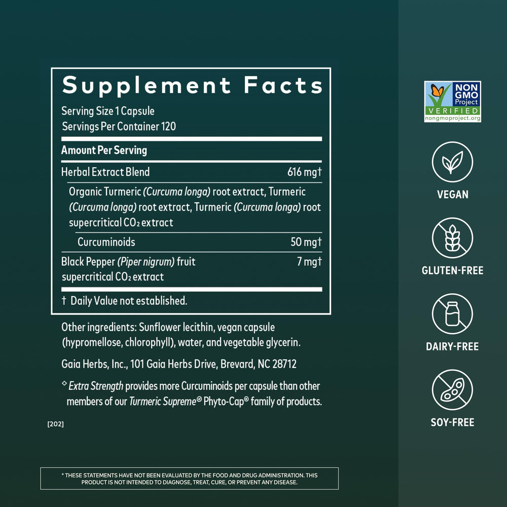 Gaia Herbs label close-up highlighting curcumin and black pepper blend for absorption benefit