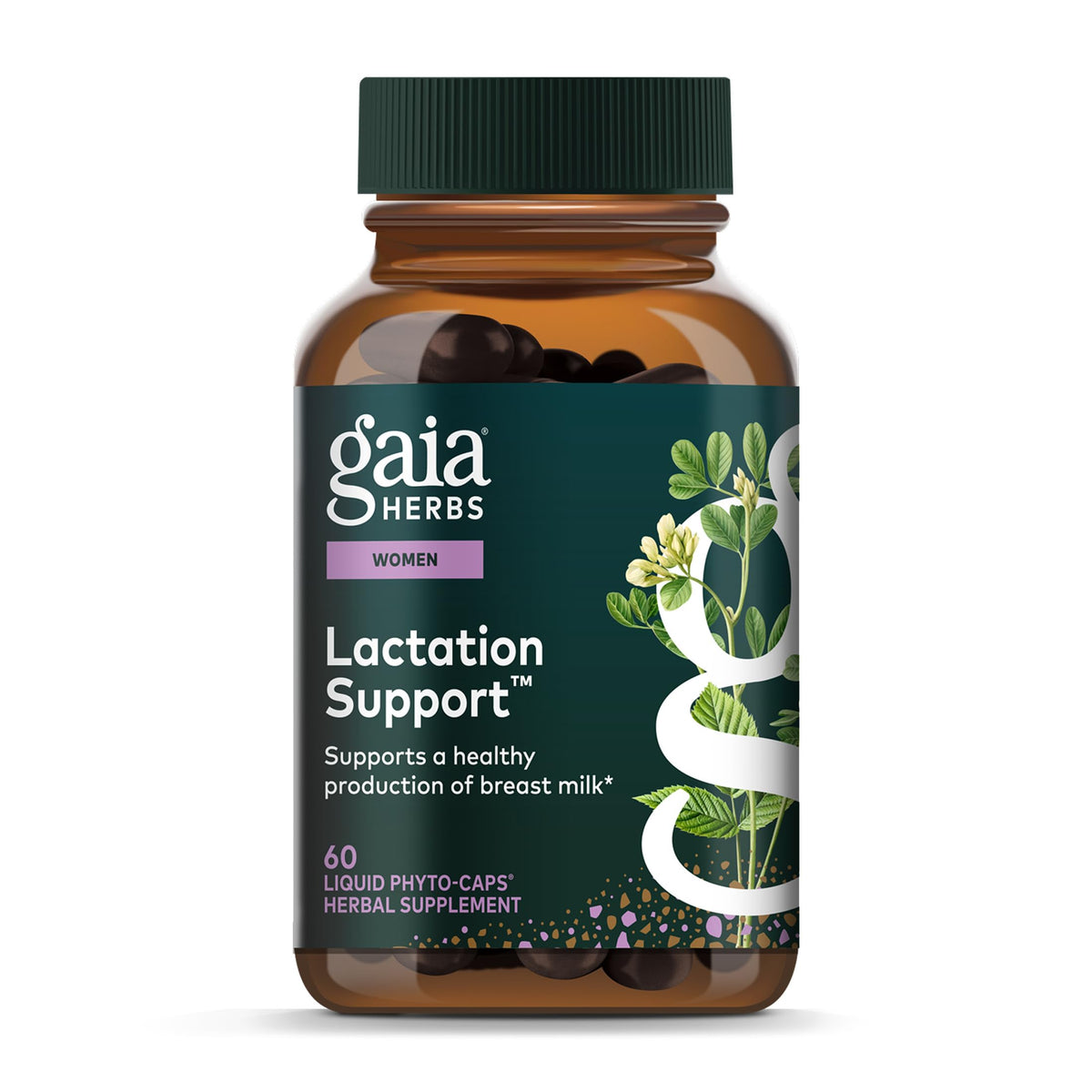 Gaia Herbs Lactation Support bottle front, for nursing routines.